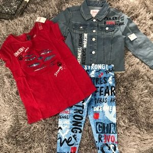 Justice girls denim jacket, shirt and leggings set